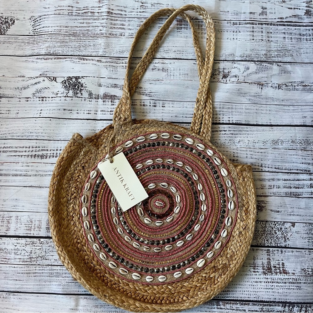 ANTIK KRAFT Jute Woven Shell Beaded Large Round Boho Shoulder Bag NWT